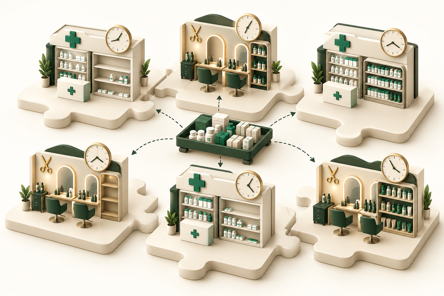 Pharmacies and salons with different stock levels and reorder clocks, arranged on puzzle pieces around a shared product selection.